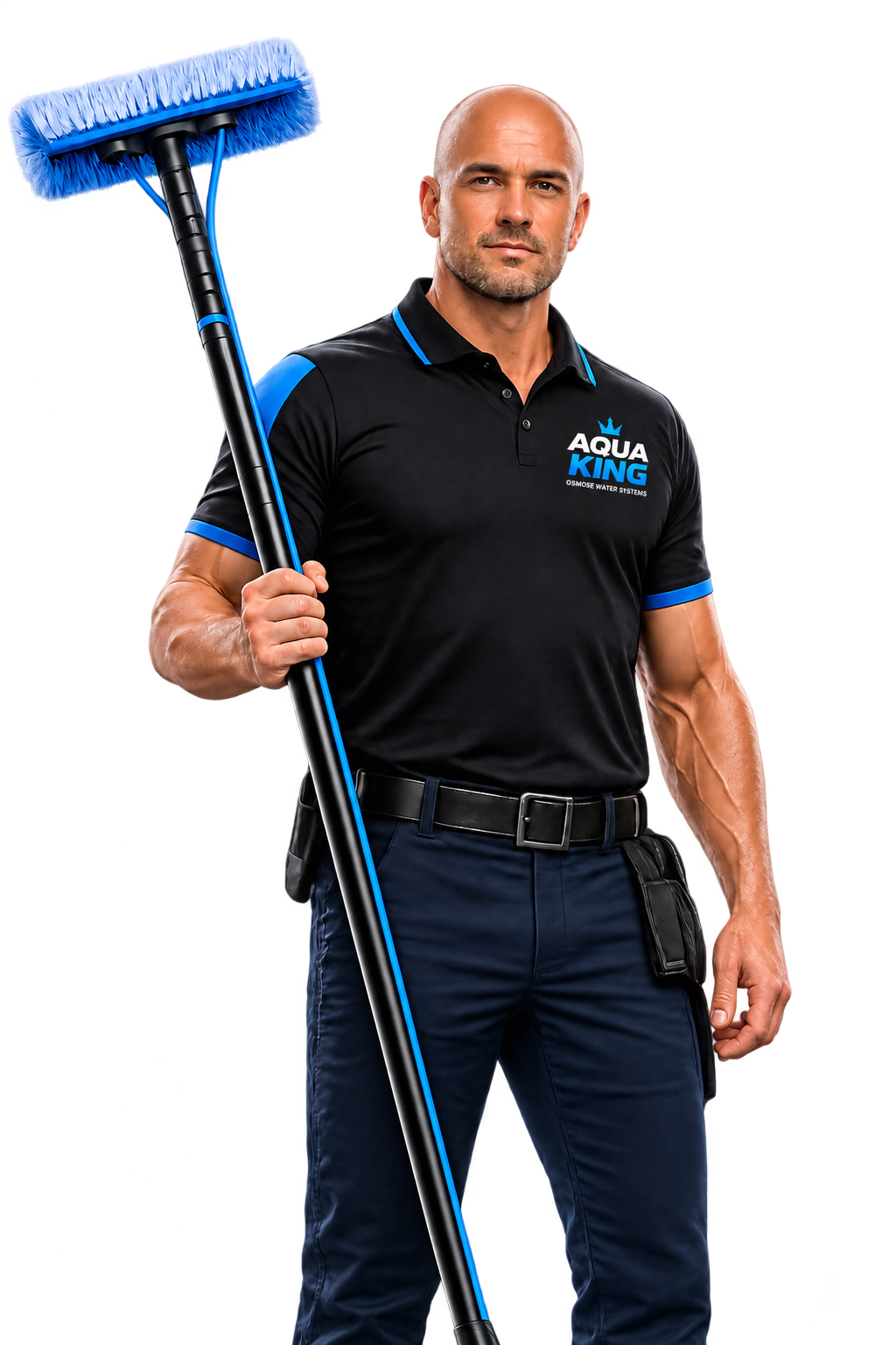 Aqua King professional window cleaner holding a carbon-fibre pure water cleaning pole